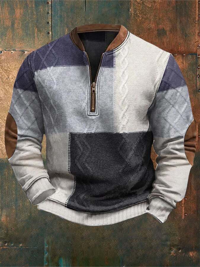 Men's Retro Western Textured Print Zipper Neck Knit Sweatshirt