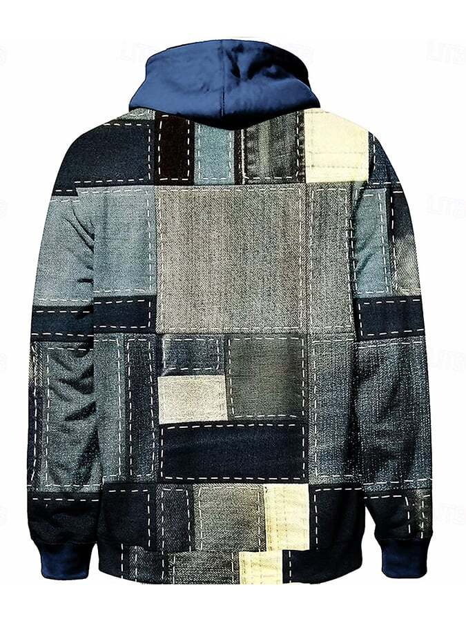 Men's Vintage Distressed Stitching Printed Hooded Sweatshirt