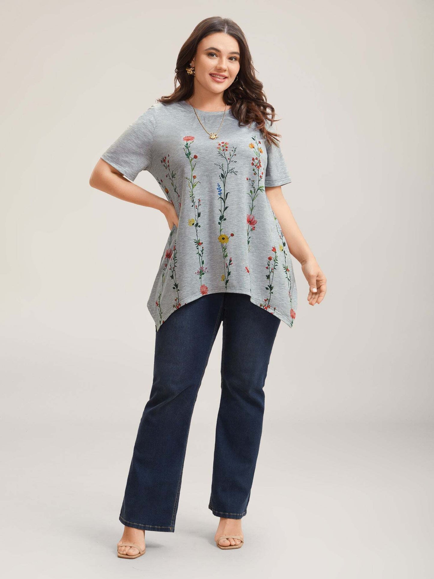 Stretchy Hi-Low Hem Floral T-Shirt