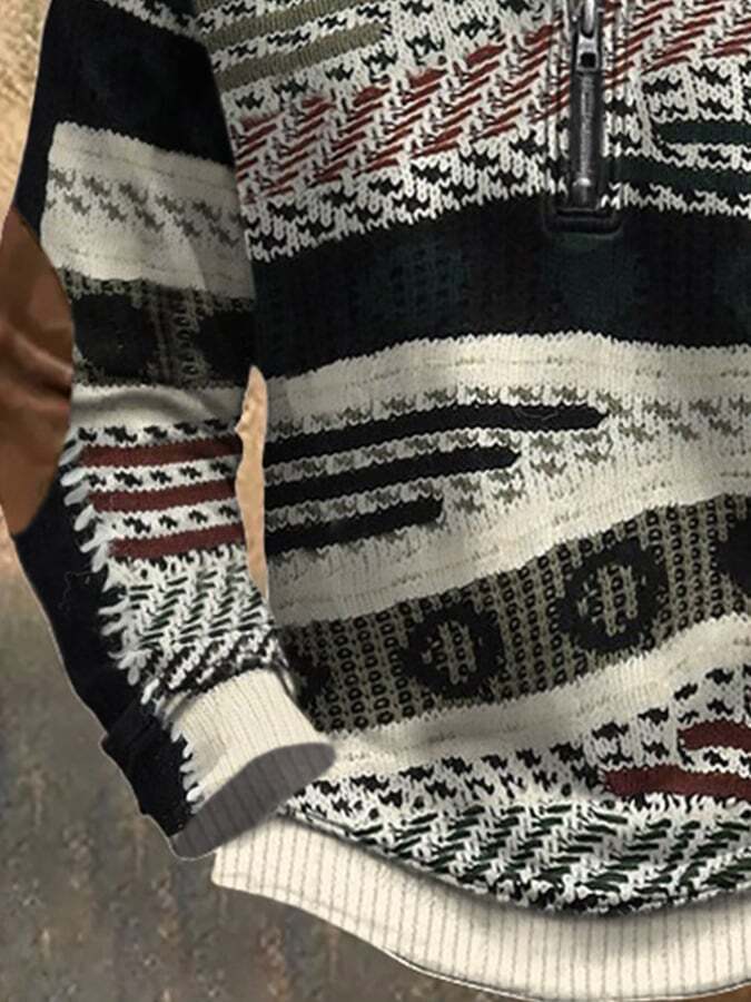 Men'S Retro Print Casual Zip Sweater