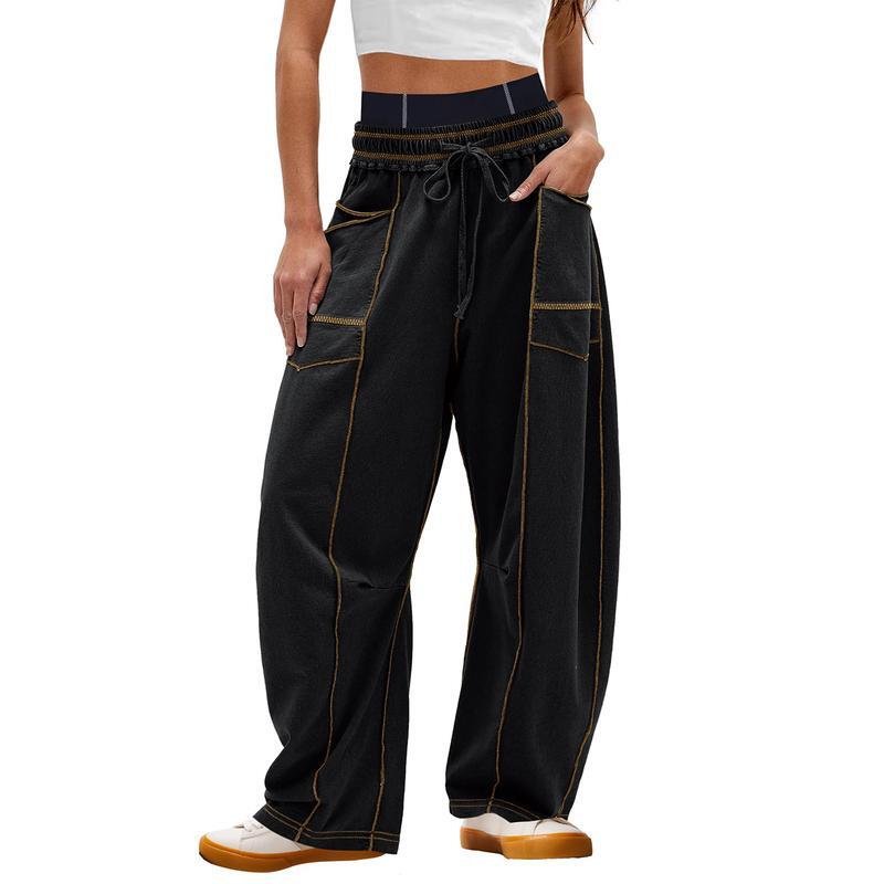 Women's Baggy Barrel Pants Wide Leg Lounge Drawstring Sweatpants with Pockets