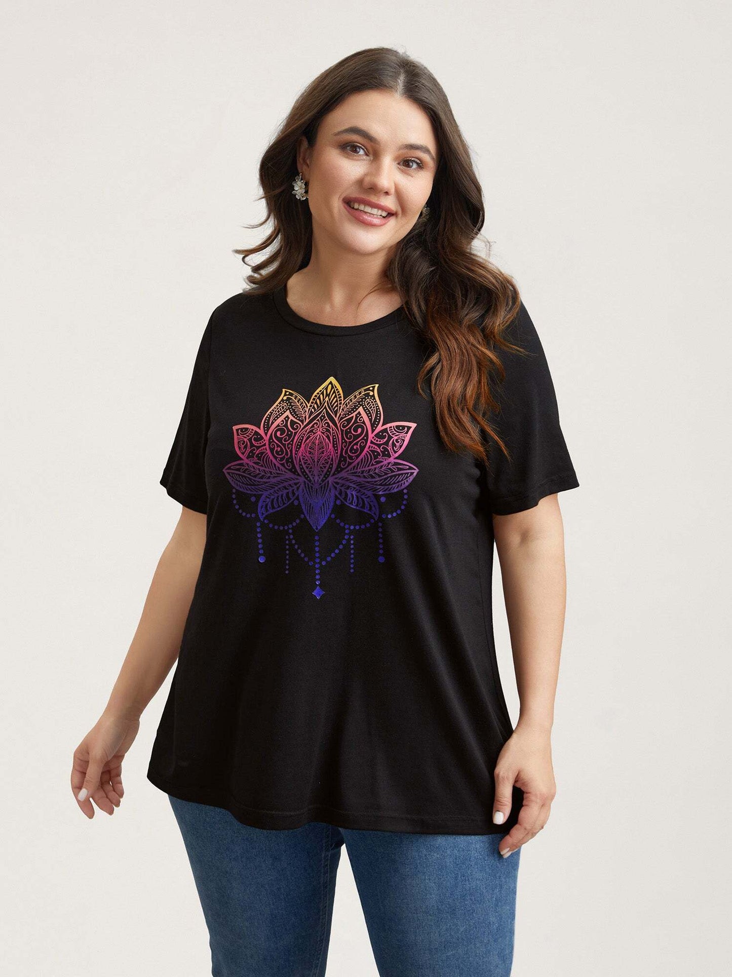 Floral Motif Crew Neck Fitted T-Shirt