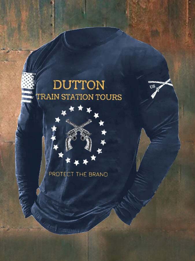Men's Train Station Tour Protect the Brand Print Casual Long Sleeve T-Shirt