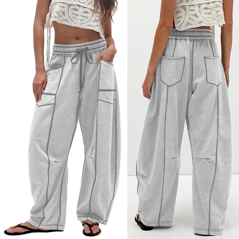 Women's Baggy Barrel Pants Wide Leg Lounge Drawstring Sweatpants with Pockets
