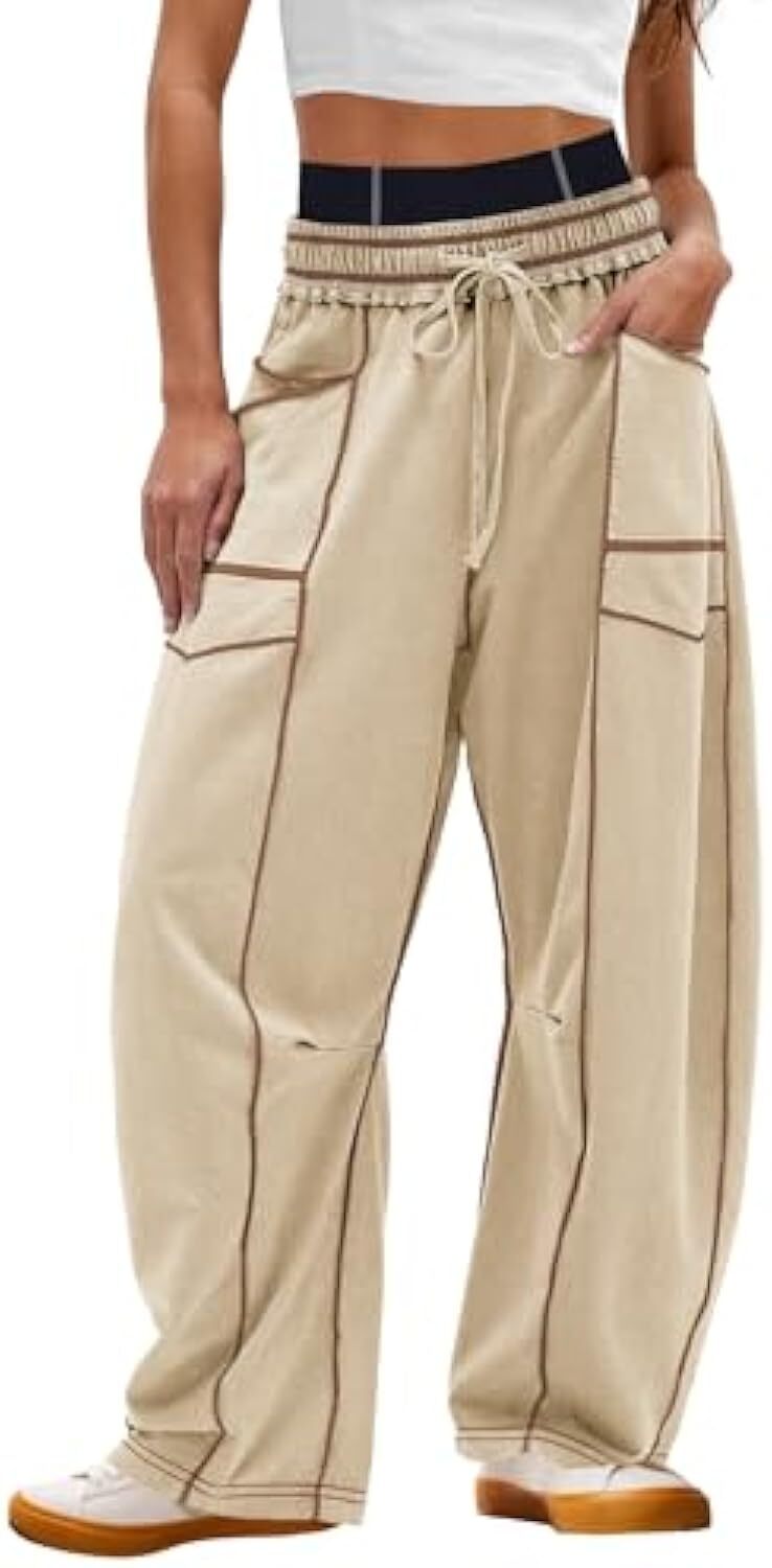 Women's Baggy Barrel Pants Wide Leg Lounge Drawstring Sweatpants with Pockets