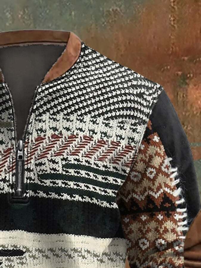 Men'S Retro Print Casual Zip Sweater