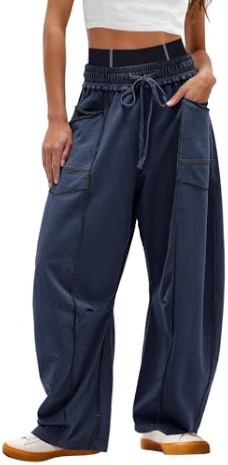 Women's Baggy Barrel Pants Wide Leg Lounge Drawstring Sweatpants with Pockets