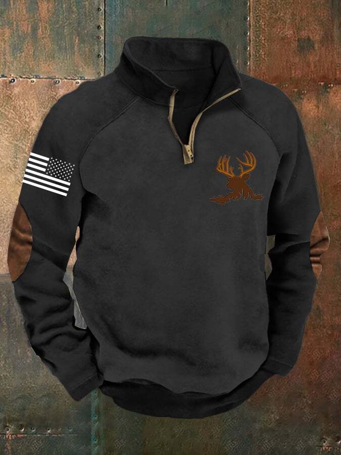 Men's Vintage Elk Print Zip-Up Sweatshirt