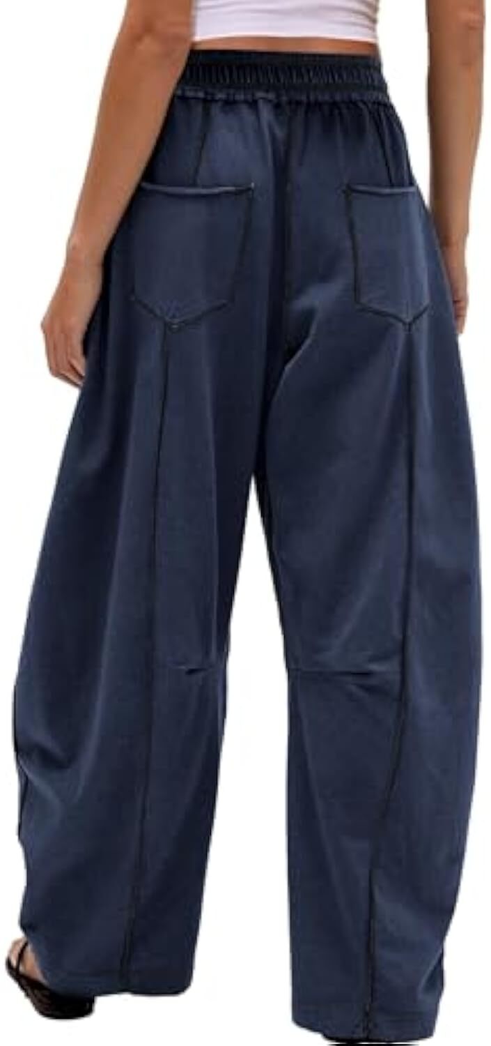 Women's Baggy Barrel Pants Wide Leg Lounge Drawstring Sweatpants with Pockets