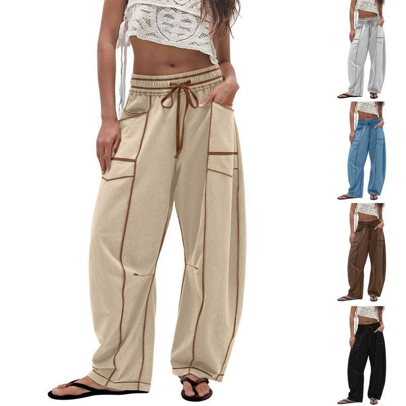 Women's Baggy Barrel Pants Wide Leg Lounge Drawstring Sweatpants with Pockets