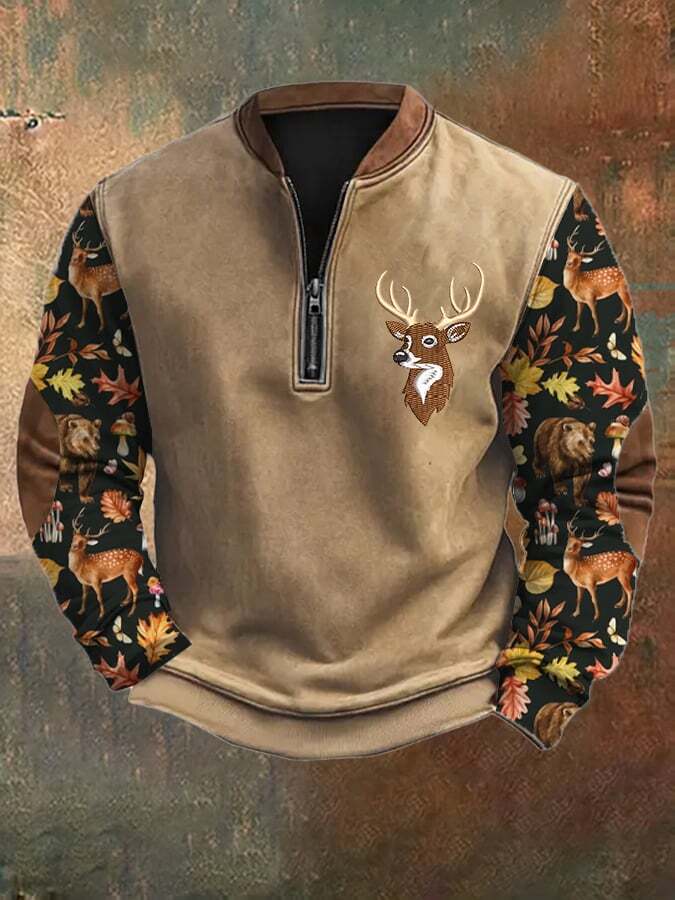 Men's Casual Vintage Elk Contrast Zip-Up Sweatshirt