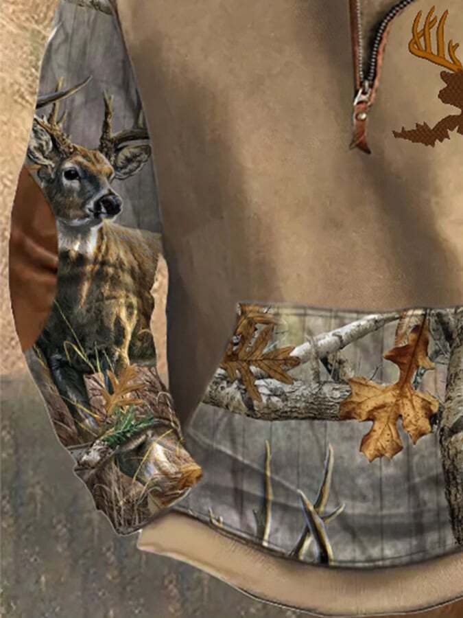 Men's Casual Vintage Elk Zip-Up Sweatshirt