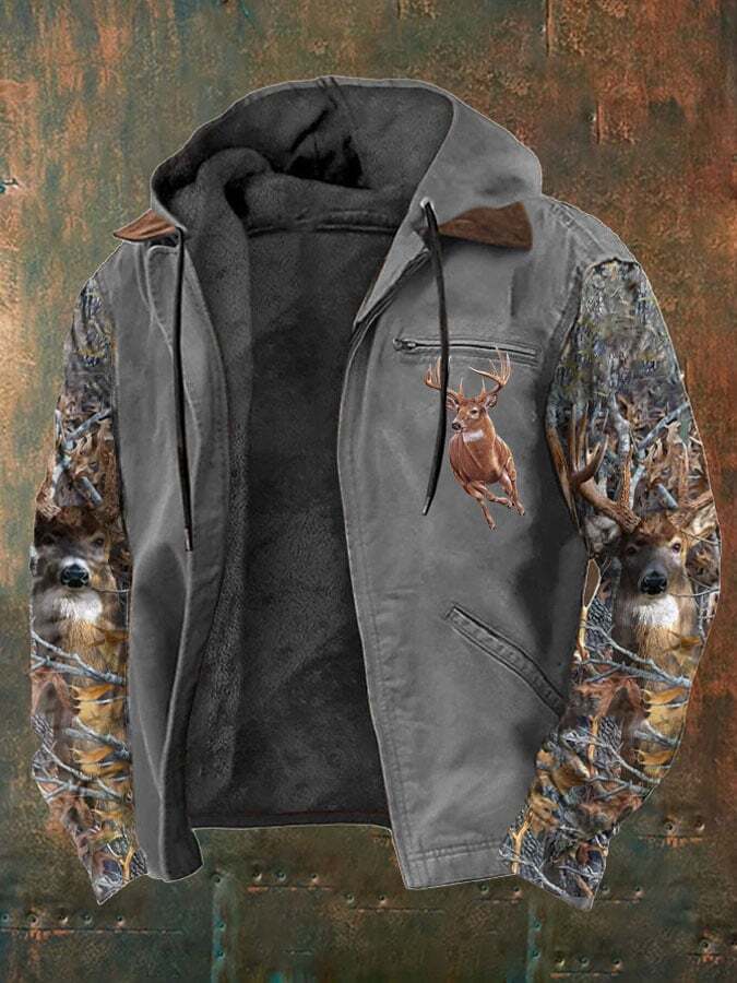 Men's Western Style Vintage Elk Plush Multi-Pocket Jacket