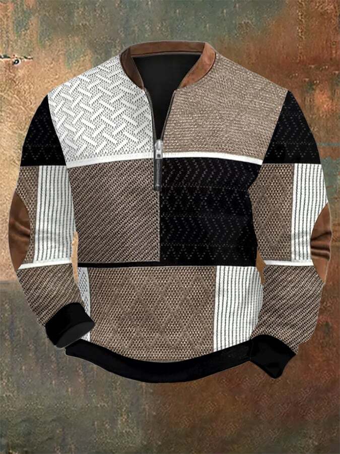 Men's Retro Western Textured Print Zip Collar Sweatshirt