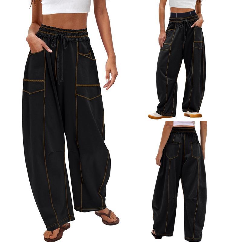 Women's Baggy Barrel Pants Wide Leg Lounge Drawstring Sweatpants with Pockets