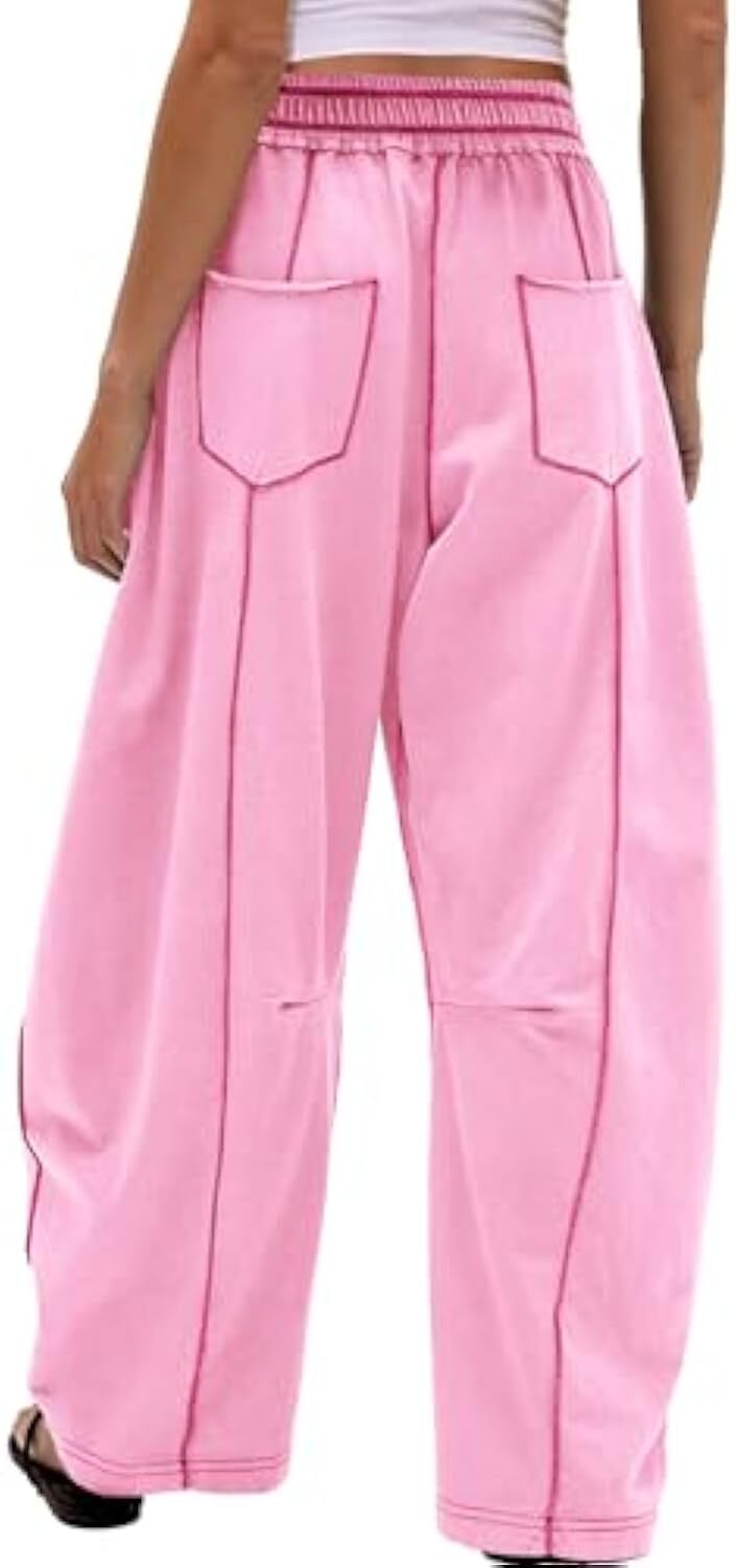 Women's Baggy Barrel Pants Wide Leg Lounge Drawstring Sweatpants with Pockets