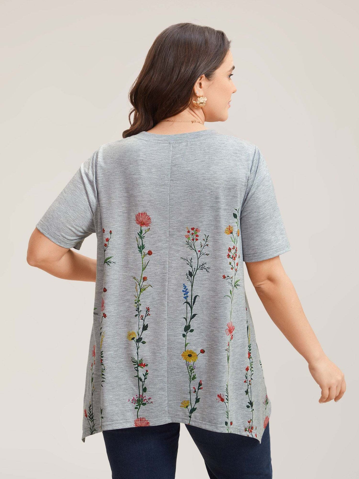 Stretchy Hi-Low Hem Floral T-Shirt