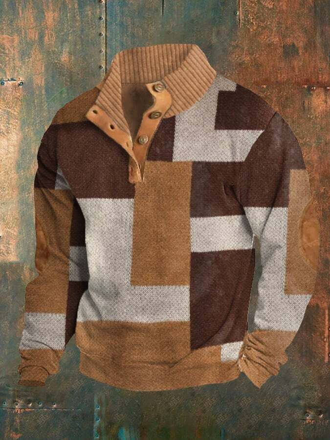 Men's Retro Colorblock Print Casual Buttons Pullover