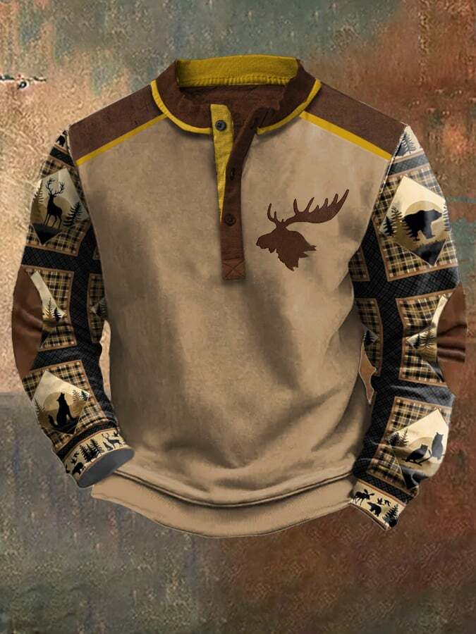 Men's Casual Vintage Contrast Elk Western Sweatshirt