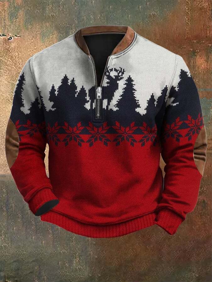 Men's Retro Christmas Print Zip Collar Sweatshirt