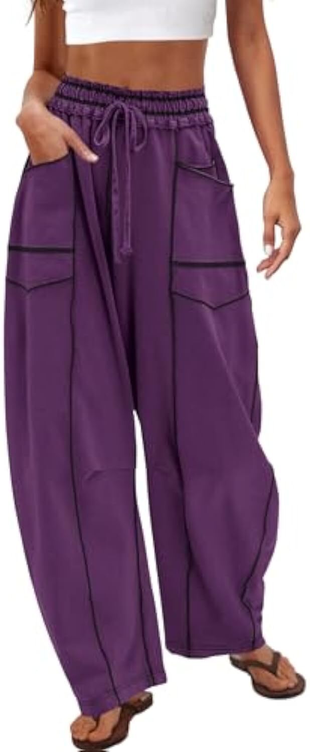 Women's Baggy Barrel Pants Wide Leg Lounge Drawstring Sweatpants with Pockets