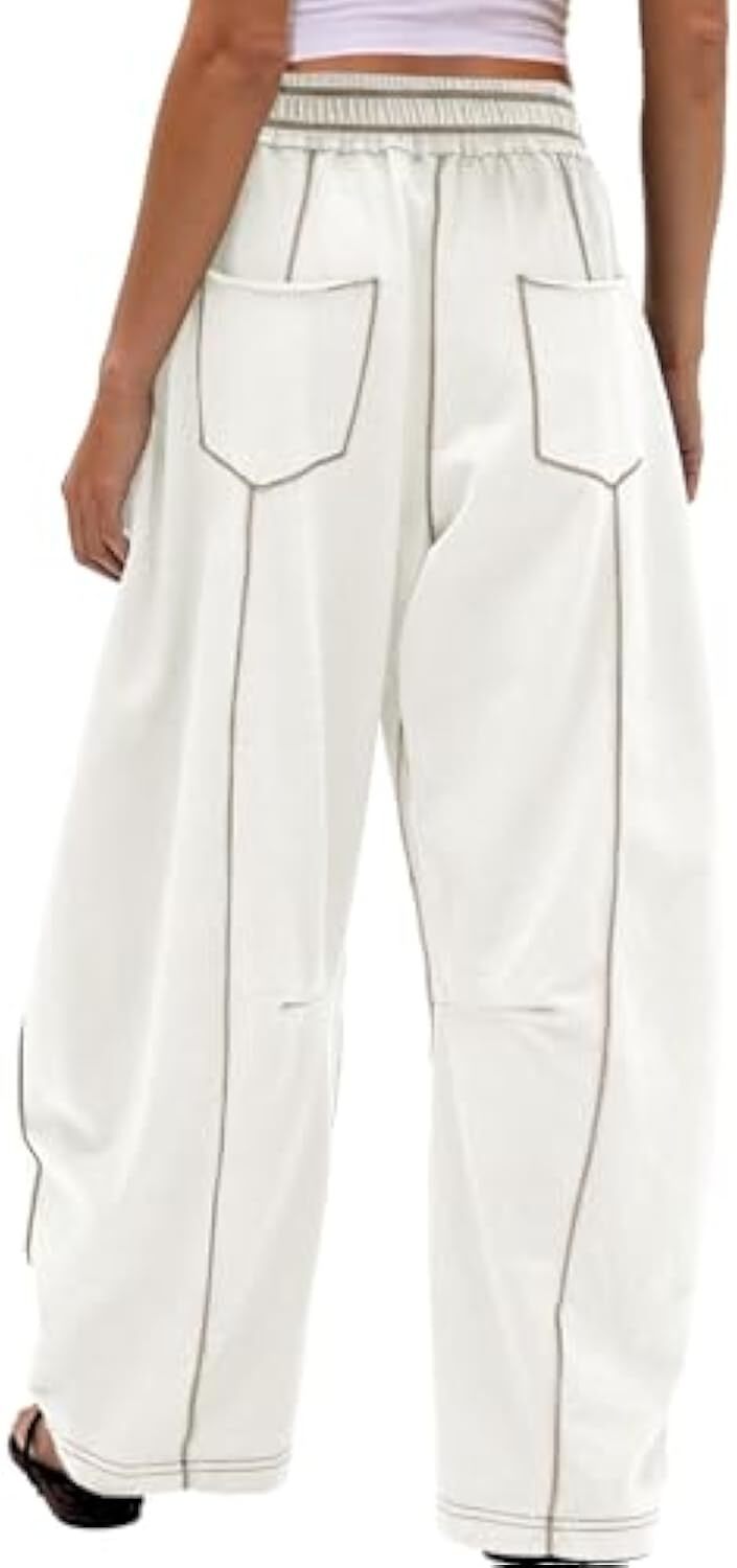 Women's Baggy Barrel Pants Wide Leg Lounge Drawstring Sweatpants with Pockets