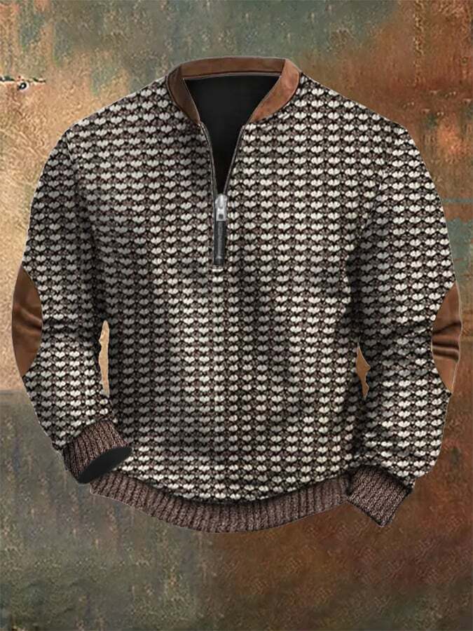 Men's Retro Western Textured Print Zip Collar Sweatshirt
