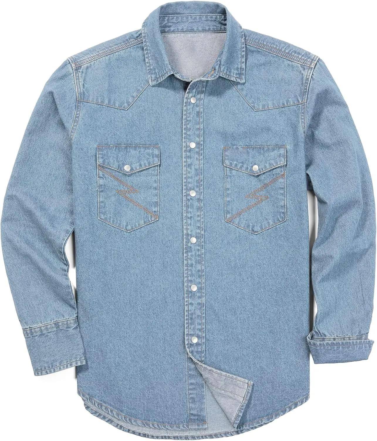Men's Long Sleeve Stone-Washed and Pre-Washed Denim Work Shirt(The buttons on this shirt are snap buttons)