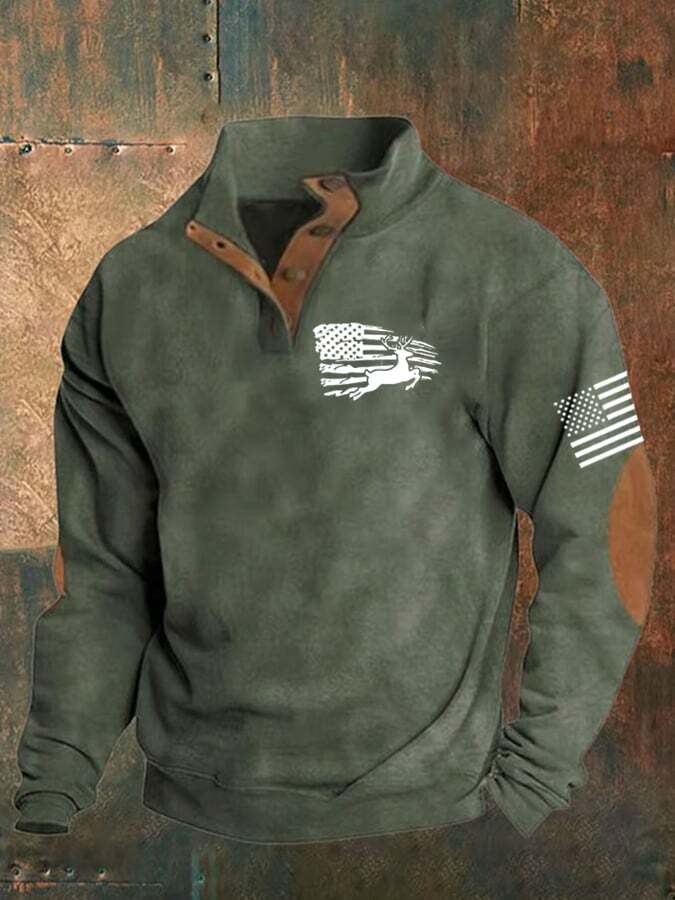 Herren-Sweatshirt mit amerikanischer Flagge und Hirsch-Print, Stehkragen und Knopfleiste
