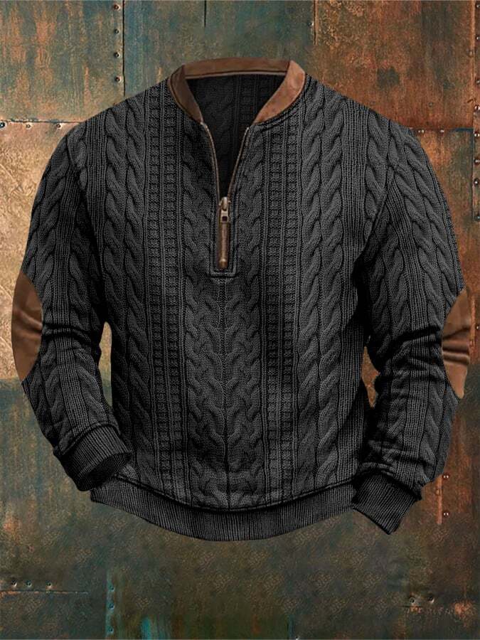Men's Retro Western Textured Print Zipper Neck Knit Sweatshirt