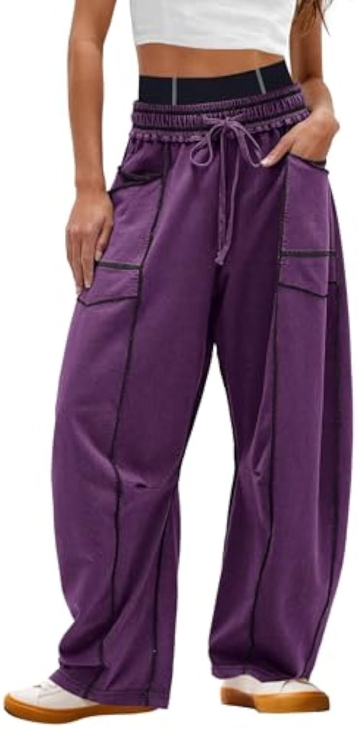 Women's Baggy Barrel Pants Wide Leg Lounge Drawstring Sweatpants with Pockets
