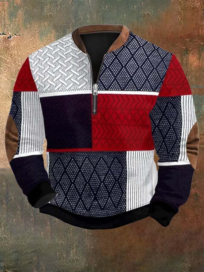 Men's Retro Western Textured Print Zip Collar Sweatshirt