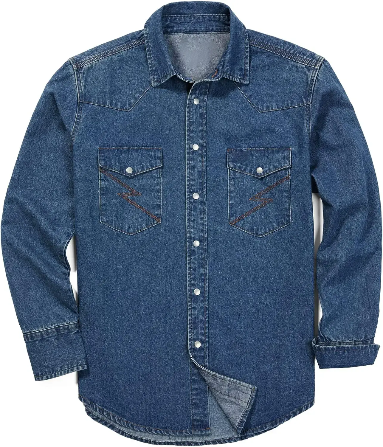 Langärmliges Arbeitshemd aus Stonewashed- und vorgewaschenem Denim für Herren (Die Knöpfe an diesem Hemd sind Druckknöpfe)