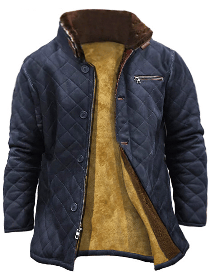 Modischer Herrenmantel mit offener Tasche und Knopfdesign, Steppung, Kunstleder, Plüsch, warm