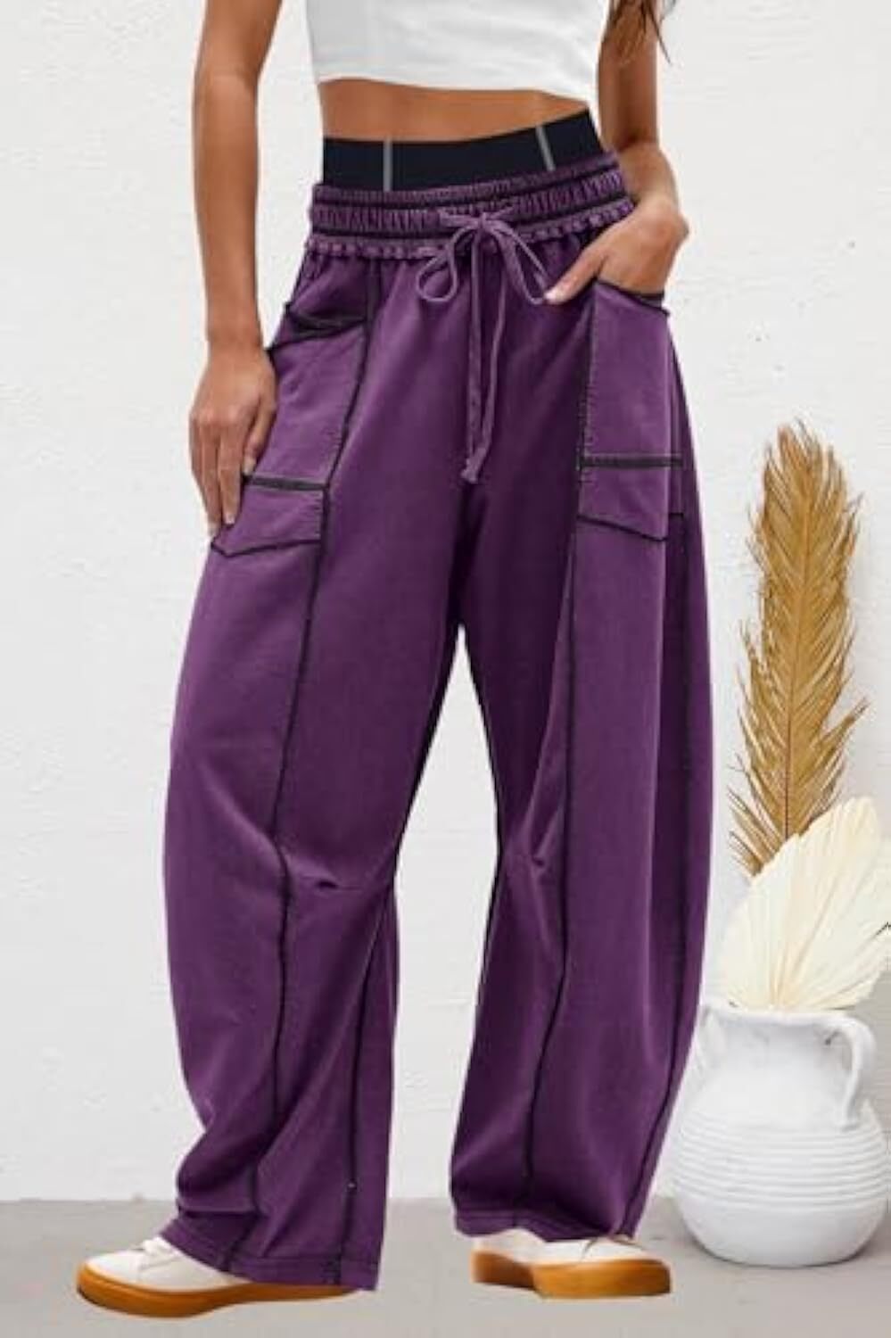 Women's Baggy Barrel Pants Wide Leg Lounge Drawstring Sweatpants with Pockets