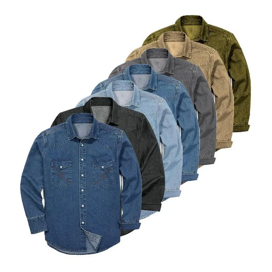 Men's Long Sleeve Stone-Washed and Pre-Washed Denim Work Shirt(The buttons on this shirt are snap buttons)