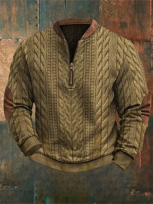 Men's Retro Western Textured Print Zipper Neck Knit Sweatshirt
