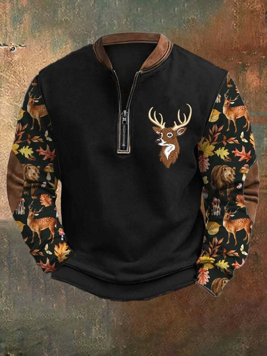 Men's Casual Vintage Elk Contrast Zip-Up Sweatshirt
