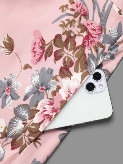 Floral Print Spliced Waist Cinched Midi Dress