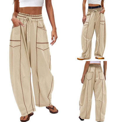 Women's Baggy Barrel Pants Wide Leg Lounge Drawstring Sweatpants with Pockets