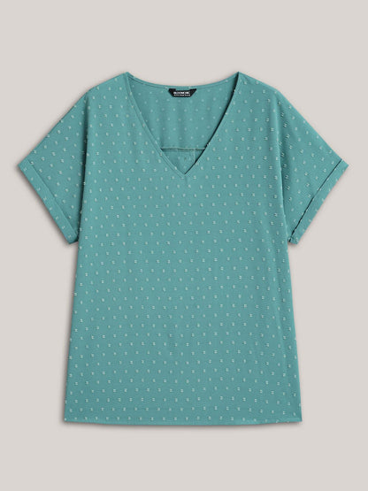 Back-Button Textured V-Neck Shirt
