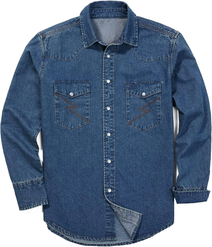 Men's Long Sleeve Stone-Washed and Pre-Washed Denim Work Shirt(The buttons on this shirt are snap buttons)