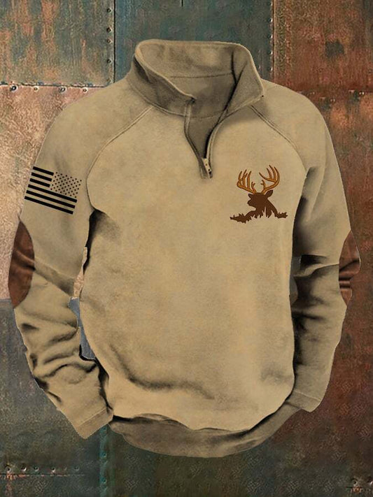 Men's Vintage Elk Print Zip-Up Sweatshirt