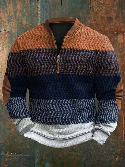 Men's Retro Colorblock Cable Pattern Print Casual Pullover