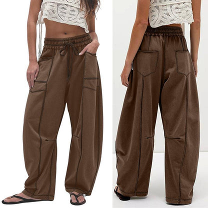 Women's Baggy Barrel Pants Wide Leg Lounge Drawstring Sweatpants with Pockets