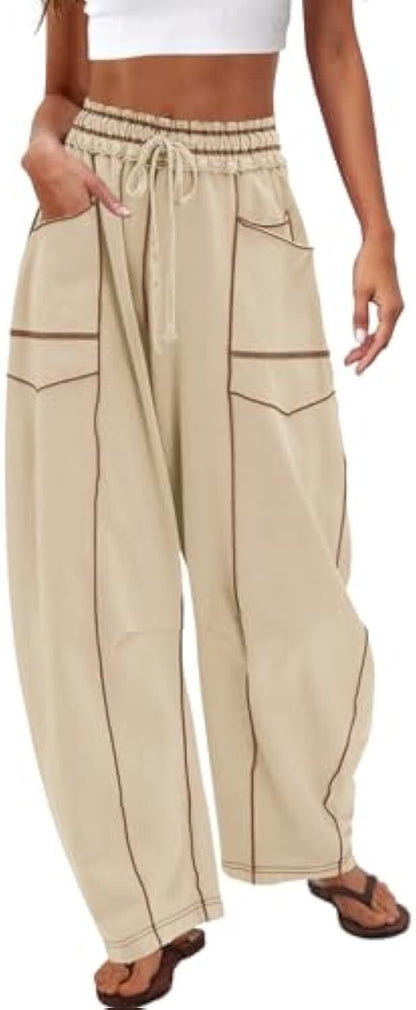 Women's Baggy Barrel Pants Wide Leg Lounge Drawstring Sweatpants with Pockets
