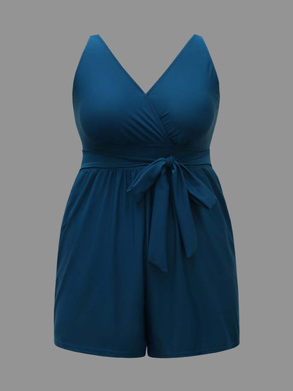 Surplice Neckline Belted Plain One-Piece Swimsuit