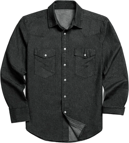 Men's Long Sleeve Stone-Washed and Pre-Washed Denim Work Shirt(The buttons on this shirt are snap buttons)