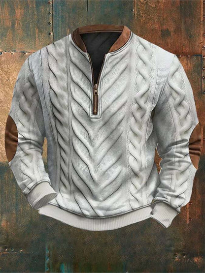Men's Retro Western Textured Print Zipper Neck Knit Sweatshirt