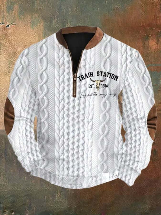 Men's Retro Western Bull Head Design Braided Jacquard Zipper Neck Sweatshirt